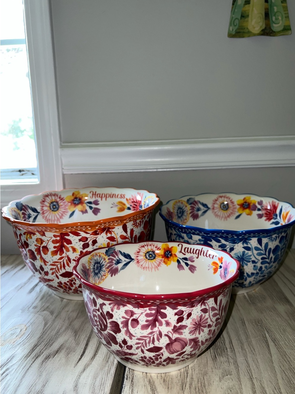 Pioneer Woman Set of 3 Stoneware Nesting Mixing Bowls Laughter,Joyful,Happiness
